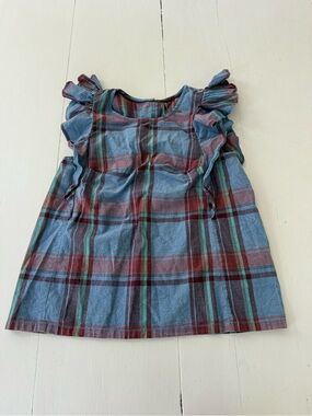 Anthropologie Blue and Burgundy Plaid Ruffle-Sleeve Kids Dress